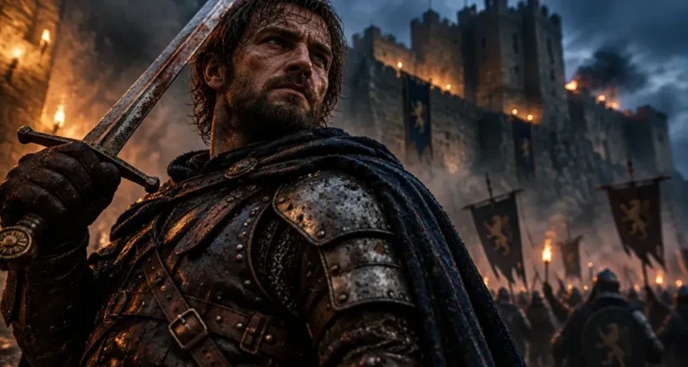 Jeu vidéo chevalier : combat à l’épée près d’une forteresse médiévale