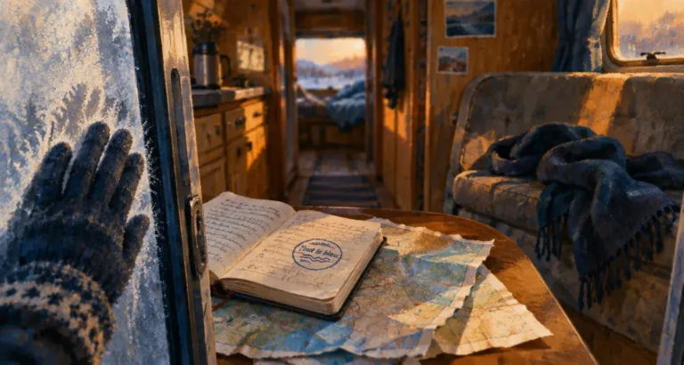 Tout le bleu du ciel fin : main gantée, carnet « Tout le bleu », camping-car